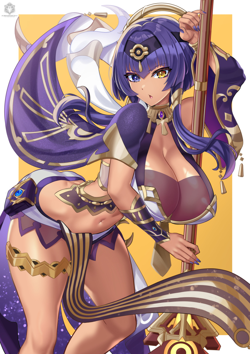 1girl absurdres blue_eyes blue_hair breasts candace_(genshin_impact) cleavage egyptian_clothes genshin_impact heterochromia highres huge_breasts looking_at_viewer navel nez-box open_mouth paid_reward_available polearm revealing_clothes short_hair short_hair_with_long_locks solo staff_of_the_scarlet_sands_(genshin_impact) weapon yellow_eyes