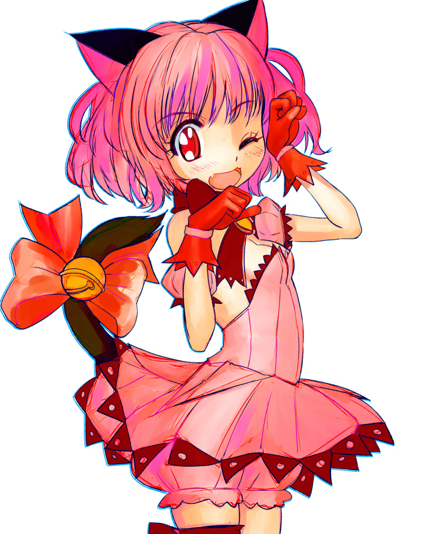 1girl ;d animal_ears bell black_tail bloomers bow bow_choker breasts cat_ears cat_girl cat_tail choker cleavage cowboy_shot detached_sleeves dress fang gloves hands_up highres jingle_bell legs_together magical_girl mew_ichigo momomiya_ichigo one_eye_closed open_mouth paw_pose pink_bloomers pink_dress pink_hair pink_sleeves puffy_short_sleeves puffy_sleeves red_bow red_choker red_eyes red_gloves red_pupils short_hair short_sleeves simple_background skin_fang small_breasts smile solo standing strapless strapless_dress tail tail_bell tail_bow tail_ornament tail_raised tokyo_mew_mew tsukiyono_aroe underwear white_background