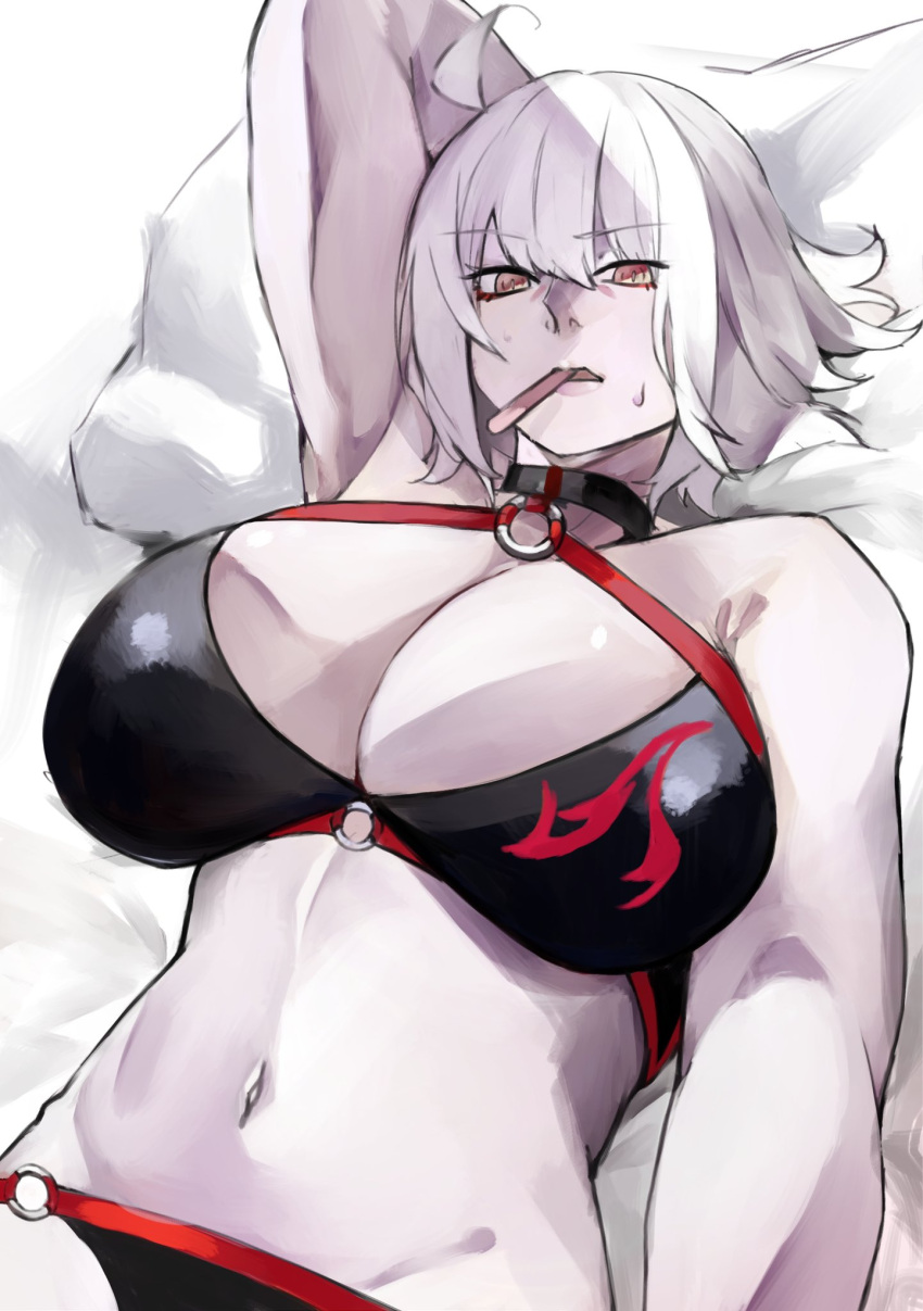 ahoge bikini black_bikini black_choker breasts choker cleavage collarbone fate/grand_order fate_(series) food_in_mouth gumi_(the_eye_of_darkness) hair_between_eyes highres jeanne_d'arc_alter_(fate) jeanne_d'arc_alter_(swimsuit_berserker)_(fate) large_breasts looking_at_viewer lying navel o-ring o-ring_bikini o-ring_bottom o-ring_top on_back pillow popsicle_in_mouth popsicle_stick short_hair sweat swimsuit toned upper_body white_hair yellow_eyes