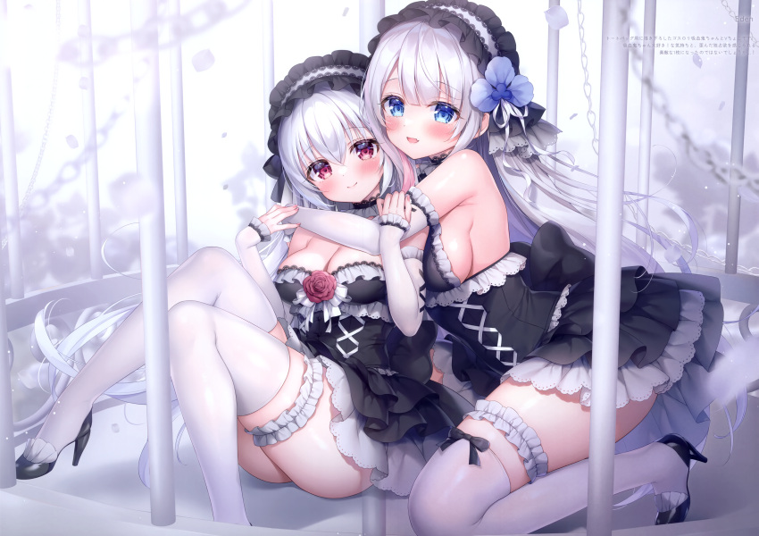 2girls absurdres bare_shoulders black_choker black_dress black_footwear blue_eyes breasts bridal_garter cage choker cleavage closed_mouth detached_sleeves dress fang frilled_choker frilled_dress frills headdress high_heels highres hug knees_up lace_trim long_hair long_sleeves looking_at_viewer medium_breasts mitsuba_choco multiple_girls open_mouth original red_eyes scan sideboob sitting skindentation sleeveless sleeveless_dress smile strap_slip thighhighs thighs very_long_hair white_hair white_thighhighs