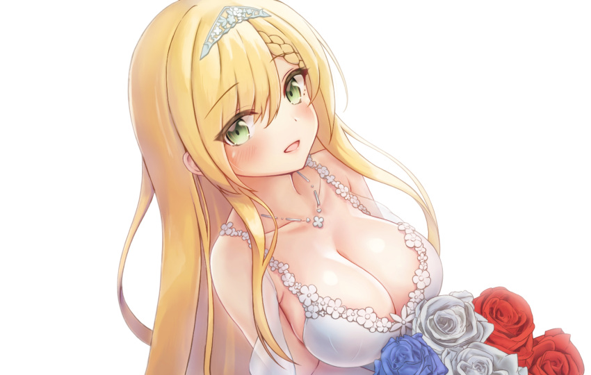 1girl azur_lane blue_flower blue_rose bouquet breasts cleavage dress flower forbin_(azur_lane) forbin_(fleur_de_mariee)_(azur_lane) french_flag from_above green_eyes holding holding_bouquet ice_nori large_breasts looking_at_viewer official_alternate_costume open_mouth oppai_loli red_flower red_rose rose simple_background solo tiara upper_body white_background white_dress white_flower white_rose