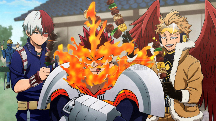 0ksiri0 4boys angry best_jeanist blank_eyes blonde_hair blue_eyes boku_no_hero_academia brown_eyes brown_jacket burn_scar closed_mouth commentary_request cooking crossed_arms day endeavor_(boku_no_hero_academia) facial_hair father_and_son feathered_wings fiery_hair food grill grilling hawks_(boku_no_hero_academia) highres holding holding_food holding_skewer holding_tongs jacket kebab looking_at_another male_focus meat multicolored_hair multiple_boys official_style open_mouth outdoors red_hair red_wings scar scar_on_face short_hair skewer smile split-color_hair standing stubble todoroki_shouto tongs white_hair wings