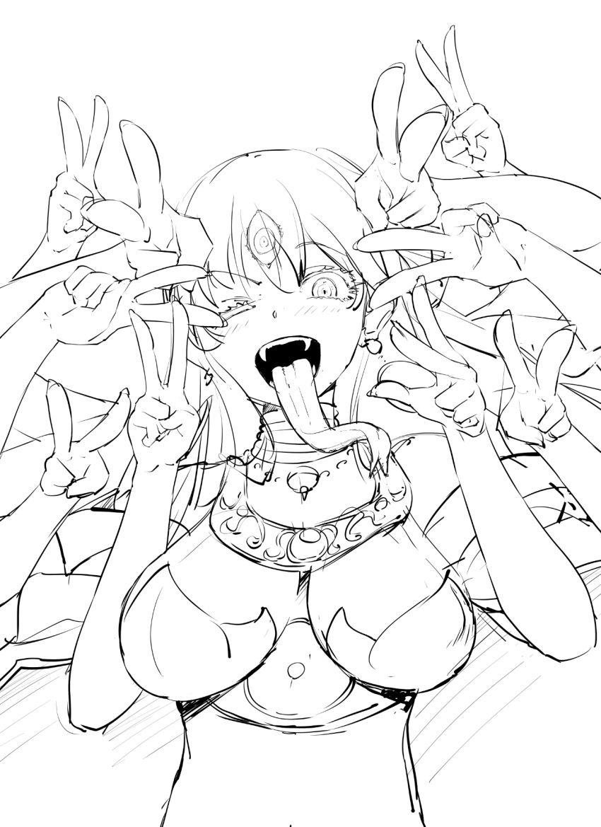 1girl breasts double_v earrings extra_arms fangs fate/grand_order fate_(series) fingernails highres jewelry kali_(fate) large_breasts long_hair long_tongue matatabi_(2ccp) monochrome one_eye_closed open_mouth sketch third_eye tongue v