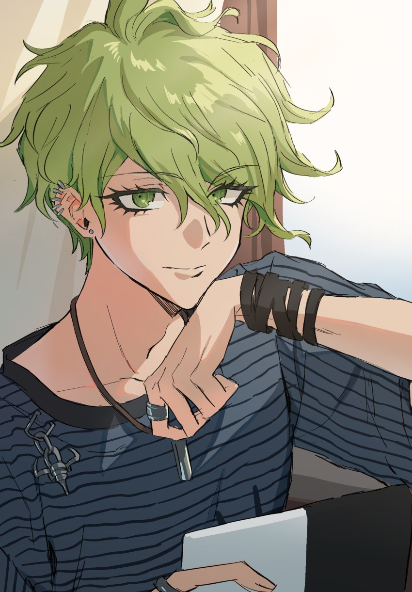 1boy amami_rantarou collarbone danganronpa_(series) danganronpa_v3:_killing_harmony ear_piercing earrings green_eyes green_hair hair_between_eyes highres holding jewelry looking_at_viewer male_focus messy_hair necklace piercing shirt short_hair short_sleeves smile solo striped striped_shirt ttegi_(ddeck_dg) upper_body