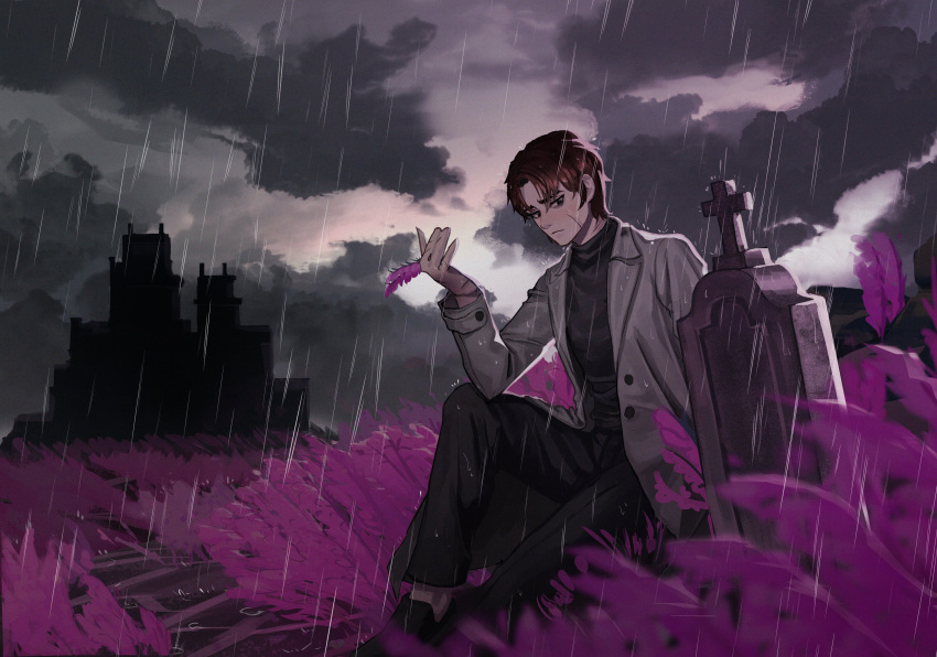 1boy absurdres black_eyes black_footwear black_pants black_shirt brown_hair castle chyeo_(chear_57) closed_mouth cloud cloudy_sky coat commentary_request dark_clouds field flower flower_field full_body grave grey_coat grey_sky heathcliff_(project_moon) highres hill holding holding_flower knee_up korean_commentary lapels lavender_(flower) limbus_company loafers long_sleeves male_focus notched_lapels open_clothes open_coat outdoors overcast pants project_moon rain scar scar_on_arm scar_on_cheek scar_on_face scar_on_hand shirt shoes short_hair sitting sky solo storm storm_cloud tombstone turtleneck wet wet_hair