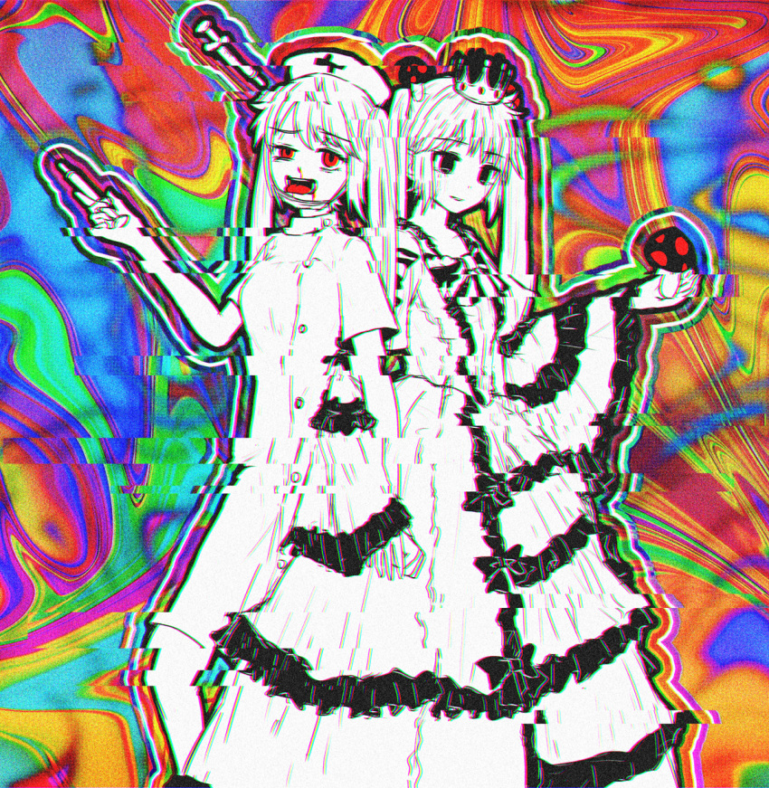 1girl bags_under_eyes bare_shoulders blood blood_from_mouth bow buttons chromatic_aberration crown crying dress dual_persona glitch hat hatsune_miku highres holding holding_mushroom holding_syringe long_hair magical_doctor_(vocaloid) misowhite multicolored_background mushroom mushroom_on_head nosebleed nurse nurse_cap object_through_head open_mouth outline red_eyes surreal syringe syringe_in_head teeth twintails upper_teeth_only vocaloid wide_sleeves