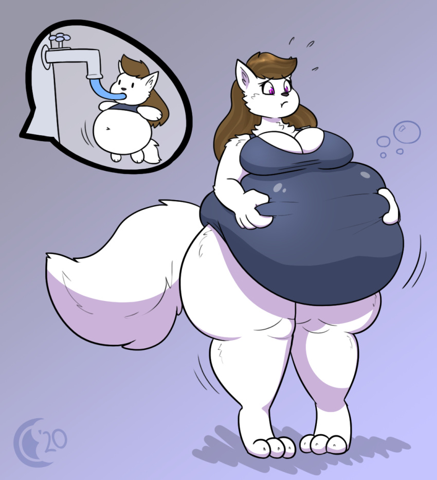 anthro arctic_fox belly belly_inflation belly_squish breasts bubble canid canine celeste_(someguy7733) chocend cleavage clothed clothing cutaway faucet female fox grey_clothing grey_swimwear hands_on_belly hi_res inflation liquid_inflation mammal one-piece_swimsuit puffed_cheeks solo squish swimwear voodoo voodoo_doll water_inflation watermark