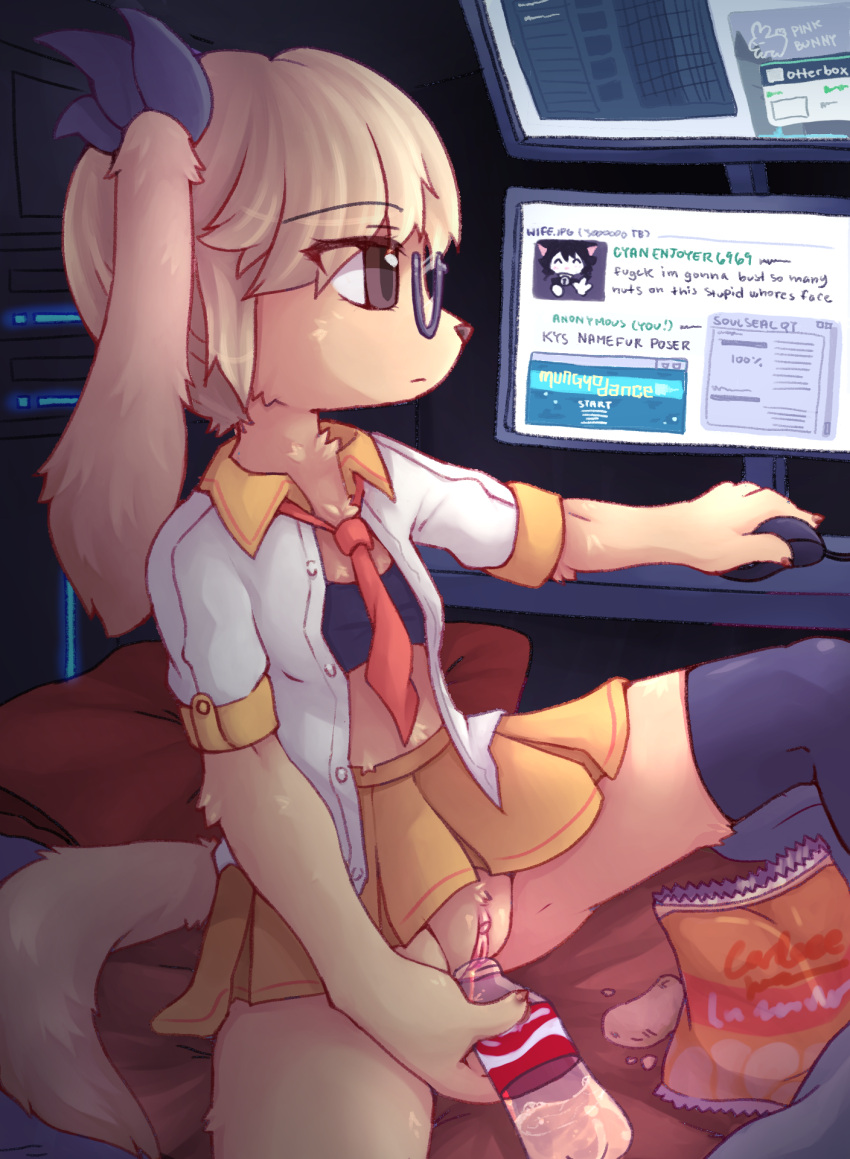 4chan anthro bird_dog bottle canid canine canis chips_(food) clothing container domestic_dog eyewear female food gaming genitals glasses golden_retriever hi_res hikikomori hunting_dog mammal messy_room mungyodance neet otterbox peeing peeing_into_bottle peeing_into_container plastic_bottle potato_chips pussy retoree_(show_by_rock!!) retriever rhythm_game sanrio school_uniform show_by_rock!! teenager twintails_(hairstyle) uniform young