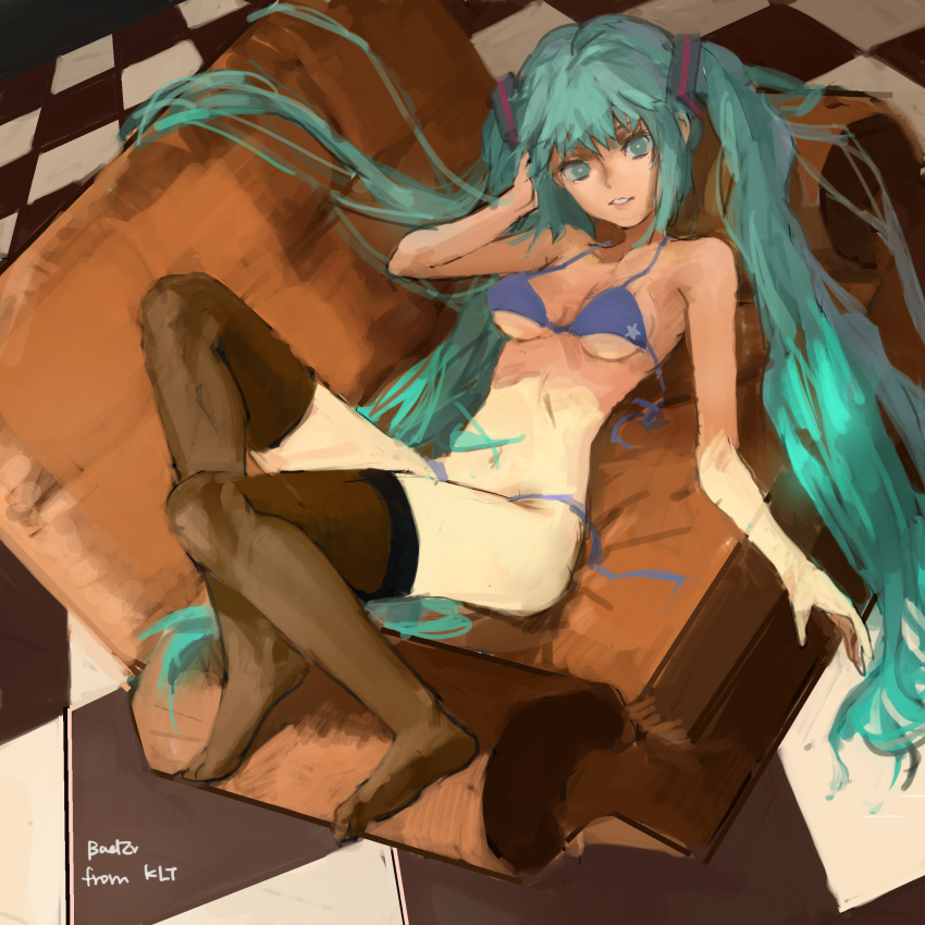 1boy aqua_eyes aqua_hair armchair bikini blue_bikini breasts bright_pupils chair checkered_floor entei_ryu hatsune_miku highres long_hair medium_breasts navel signature sketch solo swimsuit thighhighs twintails underboob very_long_hair vocaloid white_pupils