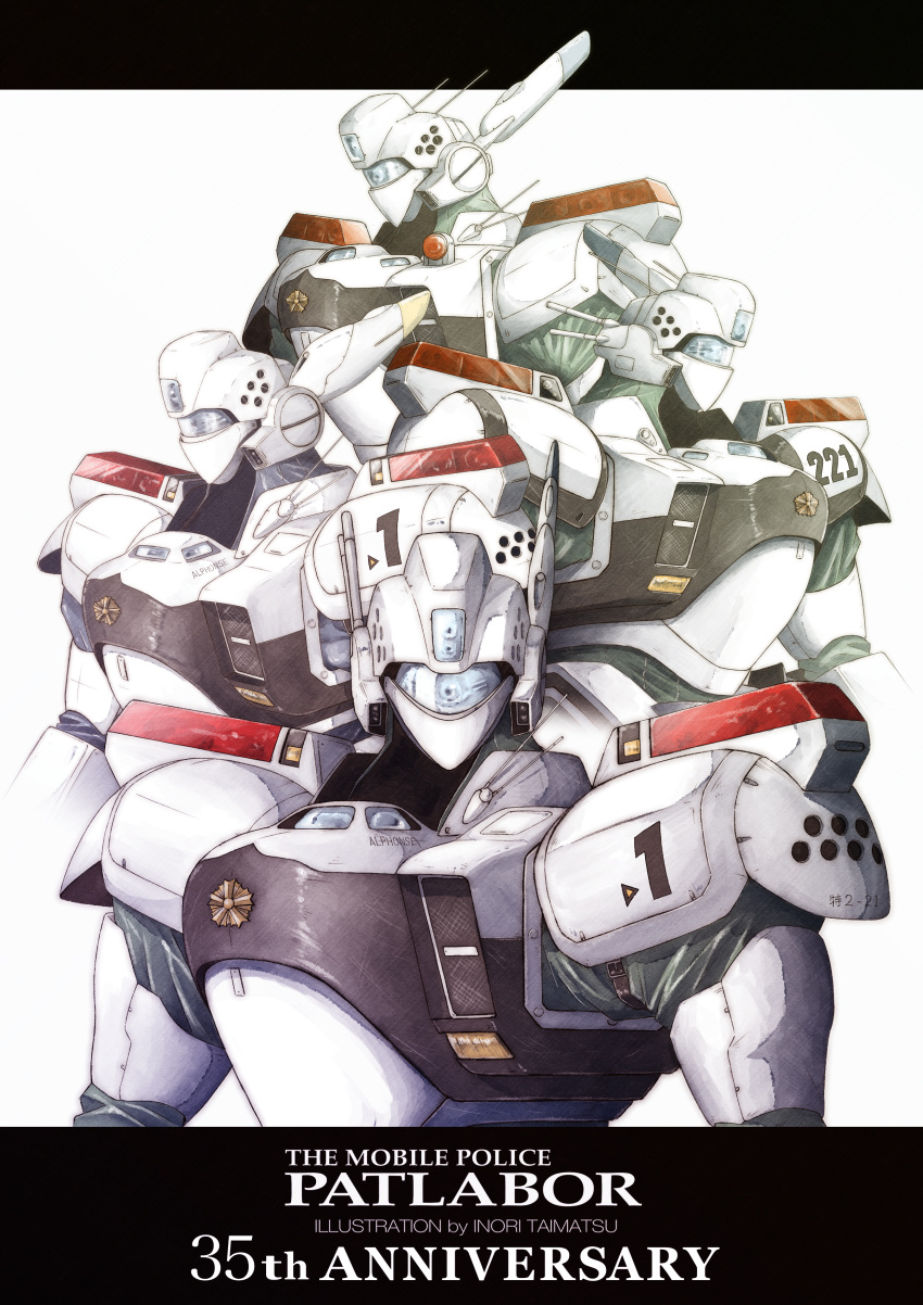 absurdres alphonse_(av-98_ingram) anniversary artist_name assault_visor av-98_ingram buchi_holes commentary copyright_name highres inori_taimatsu kidou_keisatsu_patlabor looking_at_viewer mecha no_humans police radio_antenna robot science_fiction upper_body