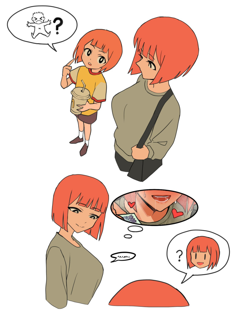 ... 2girls ? bag blunt_bangs blunt_ends blush bob_cut breasts cup daughter_(yoru_mac) disposable_cup family fast_food handbag heart heavy_breathing highres holding implied_sex large_breasts long_sleeves mcdonald's money mother_(yoru_mac) mother_and_daughter multiple_girls open_mouth orange_hair shirt short_hair short_sleeves simple_background speech_bubble sweat sweater thought_bubble vulcan_(ejel2000) white_background yellow_shirt yoru_mac
