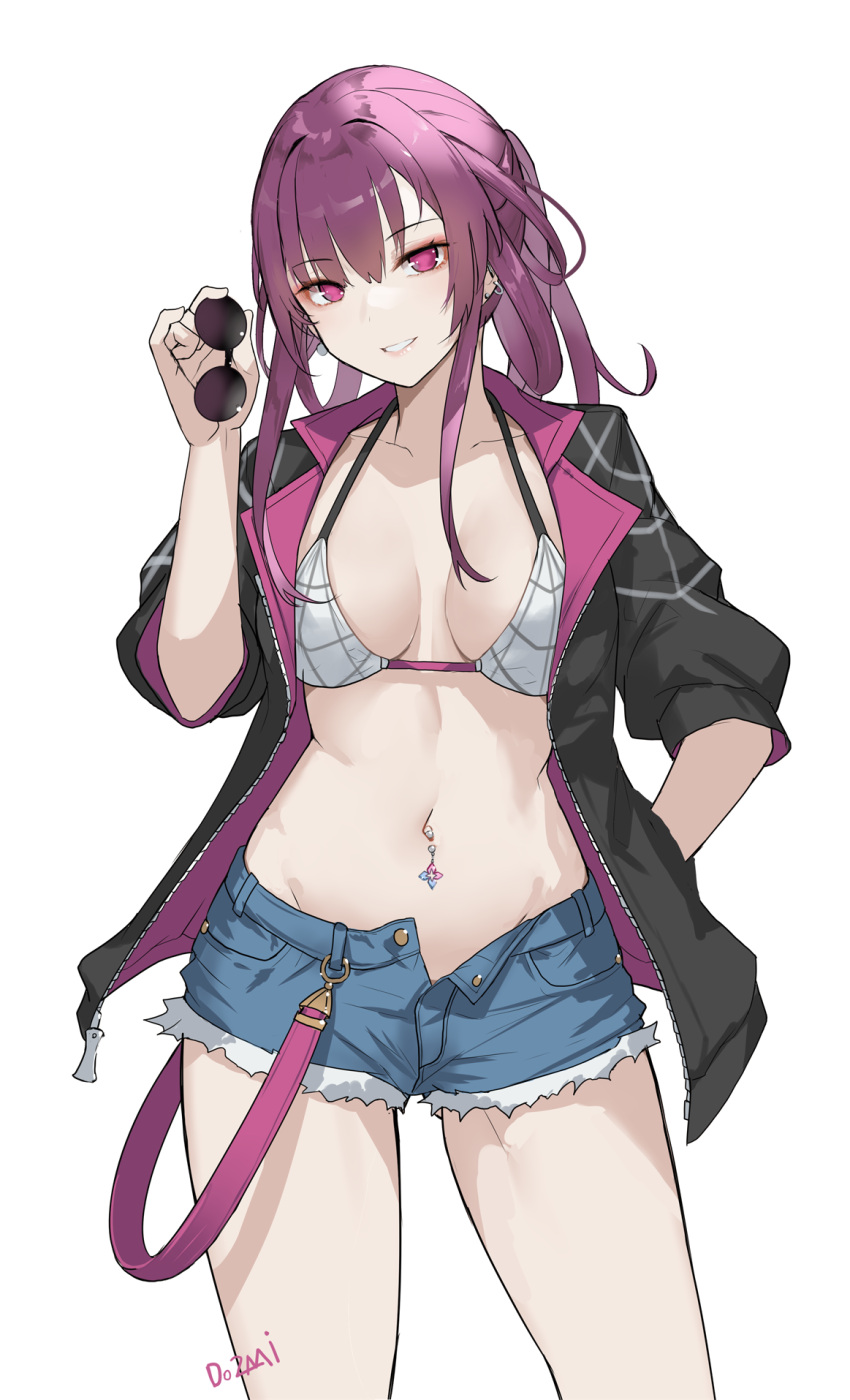1girl alternate_costume ass_visible_through_thighs bikini bikini_top_only black_jacket blue_shorts breasts breasts_apart chinese_commentary commentary cowboy_shot cutoffs denim denim_shorts do2mi_doreimi ear_piercing eyewear_removed grin halterneck hand_in_pocket hand_up highres holding holding_removed_eyewear honkai:_star_rail honkai_(series) jacket kafka_(honkai:_star_rail) long_hair long_sleeves looking_at_viewer medium_breasts navel navel_piercing open_clothes open_fly open_jacket piercing pink_eyes ponytail purple_hair round_eyewear short_shorts shorts simple_background smile solo standing stomach string_bikini sunglasses swimsuit thighs white_background white_bikini