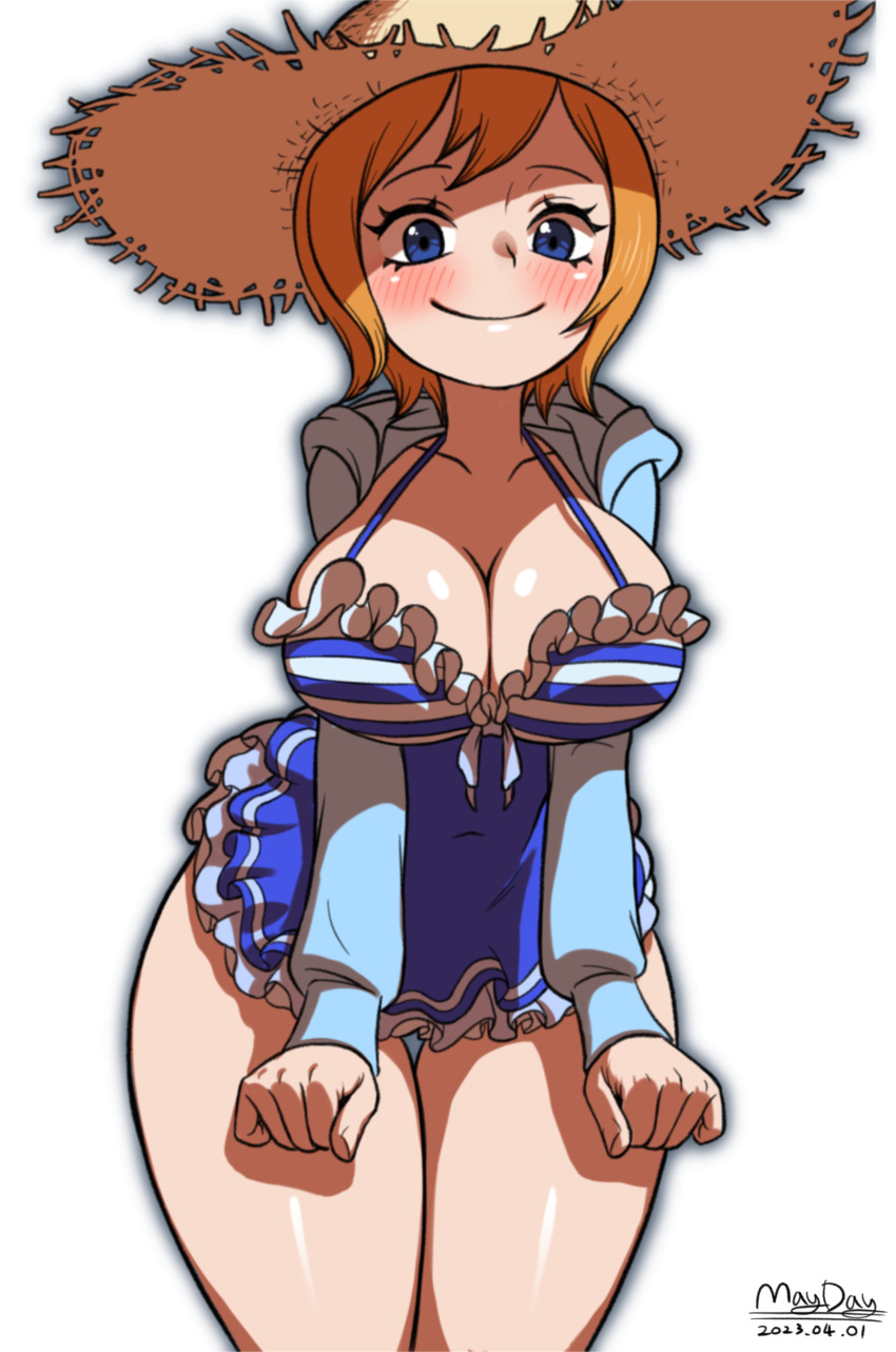 1girl absurdres artist_name blue_dress blue_eyes blush breasts cleavage closed_mouth cowboy_shot dated dress frills hat highres koala_(one_piece) large_breasts looking_at_viewer maydaykiki one_piece one_piece_treasure_cruise orange_hair short_hair simple_background smile straw_hat thigh_gap white_background