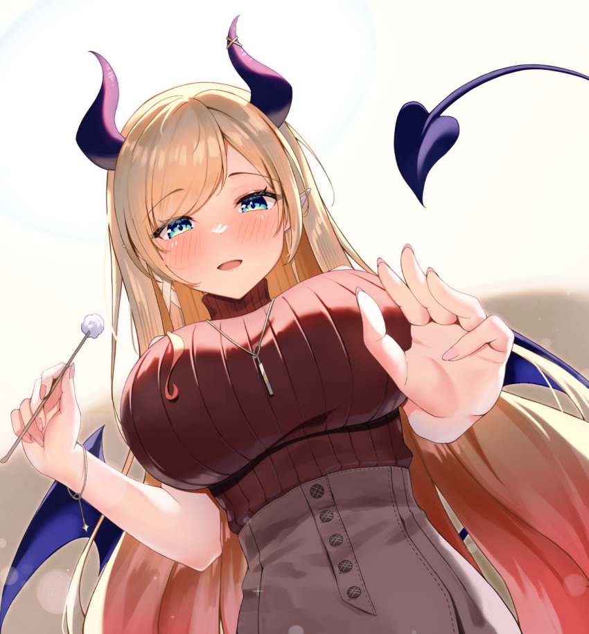 1girl asmr black_sweater blonde_hair blue_eyes blush breasts demon_girl demon_horns demon_tail demon_wings ear_cleaning grey_skirt highres holding hololive horns large_breasts long_hair looking_at_viewer mimikaki official_alternate_costume open_mouth pointy_ears red_sweater ribbed_sweater shinka_(yonkun121) skirt sweater tail turtleneck turtleneck_sweater virtual_youtuber wings yuzuki_choco yuzuki_choco_(6th_costume)