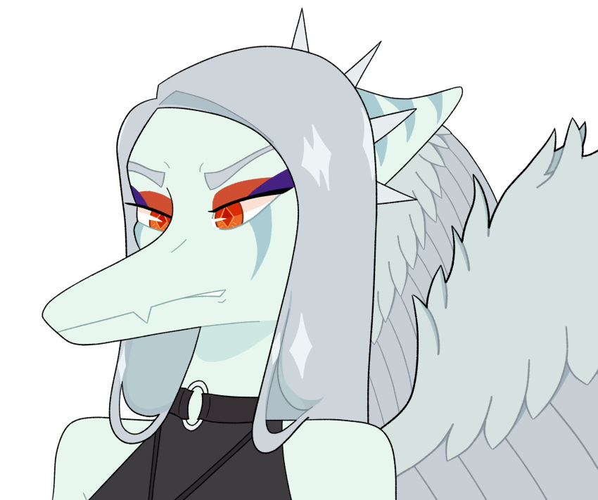 amber_eyes anthro blue_body clothed clothing doomed_predator fang_(gvh) feathered_wings feathers female goodbye_volcano_high grey_body grey_feathers hair headshot_portrait hi_res makeup portrait pterodactylus pterosaur reaction_image reptile scalie silver_hair simple_background solo wings