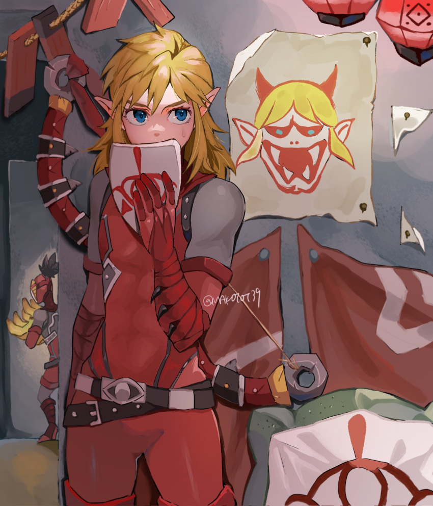 2boys artist_name banana belt black_belt blonde_hair blue_eyes bodysuit bow_(weapon) cosplay cowboy_shot elbow_gloves food fruit gloves highres holding holding_mask link makoto_139 mask mask_removed medium_hair multiple_boys pointy_ears red_bodysuit red_gloves solo_focus the_legend_of_zelda the_legend_of_zelda:_tears_of_the_kingdom weapon yiga_clan yiga_clan_footsoldier yiga_clan_footsoldier_(cosplay)