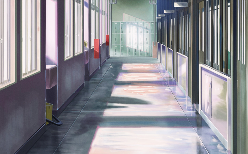 commentary_request day derivative_work film_grain furumiya-underson hallway highres indoors kimi_no_na_wa. locker no_humans scenery school sunlight