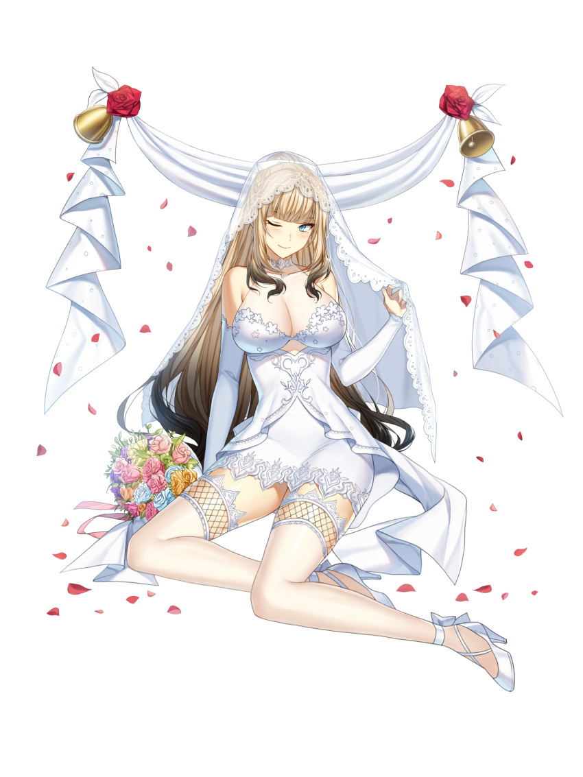 1girl ;) ankle_bow aqua_rose banner bare_shoulders bell black_hair blonde_hair blue_eyes blush bouquet bow braid breasts bridal_gauntlets bridal_veil cleavage closed_mouth closers clothing_cutout dress falling_petals flower french_braid full_body garter_straps gradient_hair hair_bow hand_up harpy_(closers) high_heels highres holding_veil lace-trimmed_dress lace-trimmed_thighhighs lace_trim large_breasts long_hair looking_at_viewer multicolored_hair official_art one_eye_closed pencil_dress petals pink_flower pink_rose ponytail purple_flower purple_rose red_flower red_rose rose see-through_cleavage short_dress sidelocks sitting sleeveless sleeveless_dress smile solo tachi-e thighhighs underboob_cutout v-shaped_eyebrows veil very_long_hair white_background white_bow white_bridal_gauntlets white_dress white_footwear white_thighhighs white_veil yellow_flower yellow_rose yokozuwari