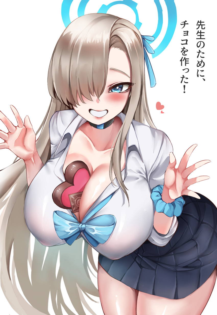 1girl absurdres asuna_(blue_archive) asymmetrical_bangs between_breasts black_choker black_skirt blue_archive blue_eyes breasts candy chocolate choker commentary condom condom_wrapper covered_nipples cropped_shirt dress_shirt fluffyebi01 food grin hair_over_one_eye halo heart heart-shaped_chocolate highres huge_breasts leaning_forward light_brown_hair long_bangs miniskirt no_bra official_alternate_costume pleated_skirt scrunchie see-through see-through_shirt shiny_skin shirt skirt smile white_shirt wrist_scrunchie