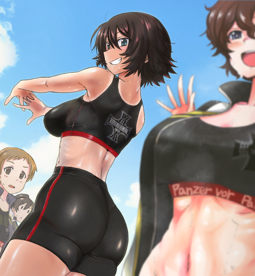 4girls :&lt; akaboshi_koume ass bike_shorts black_jacket black_shorts black_sports_bra blue_eyes blue_sky blurry blurry_foreground brown_hair clothes_writing cloud cloudy_sky commentary day depth_of_field emblem english_text from_behind german_text girls_und_panzer grin half-closed_eyes highres interlocked_fingers itsumi_erika's_loader jacket kojima_emi kuromorimine_(emblem) long_hair looking_at_viewer looking_back mauko_(girls_und_panzer) midriff multiple_girls nabeyu navel open_clothes open_jacket open_mouth outdoors own_hands_together ponytail short_hair shorts single_vertical_stripe sky smile solid_oval_eyes sports_bra sportswear standing stretching sweat sweatdrop tan tanlines track_jacket very_long_hair waving wavy_hair