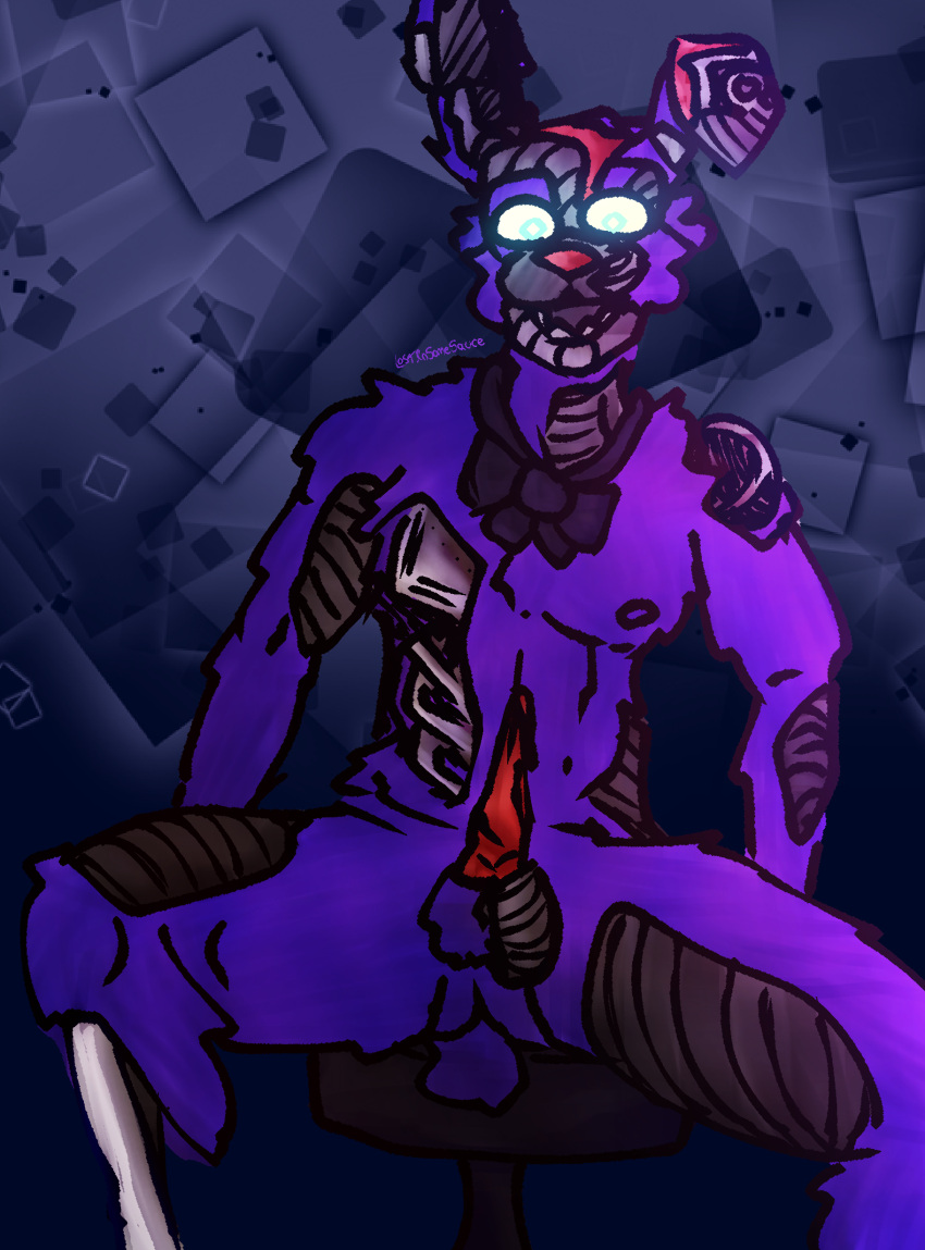absurd_res anatomically_correct anatomically_correct_genitalia animatronic anthro balls beacon_bonnie_(fnaf) blue_eyes bow_tie cheek_tuft collar collar_only endoskeleton exposed_endoskeleton facial_tuft five_nights_at_freddy's five_nights_at_freddy's_vr:help_wanted fnaf_vr_help_wanted fur furniture genitals glowing glowing_eyes hi_res lagomorph leporid lostinsomesauce machine male mammal metal nipples nude open_mouth open_smile penile penis pupils purple_body purple_fur rabbit robot scottgames scut_tail short_tail simple_background sitting smile solo spread_legs spreading stool tail tuft white_pupils