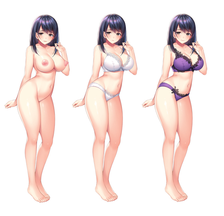 1girl aizawa_minori asami_asami barefoot black_hair blush bra breasts brown_eyes completely_nude expressionless full_body hair_twirling highres kasen_-_yurusumaji!_-_soshiranu_egao_to_yogoreta_shitagi lace-trimmed_bra lace-trimmed_panties lace_trim large_breasts long_hair looking_at_viewer navel nipples non-web_source nude official_art panties photoshop_(medium) purple_bra purple_panties shy smile tachi-e transparent_background underwear underwear_only variations white_bra white_panties