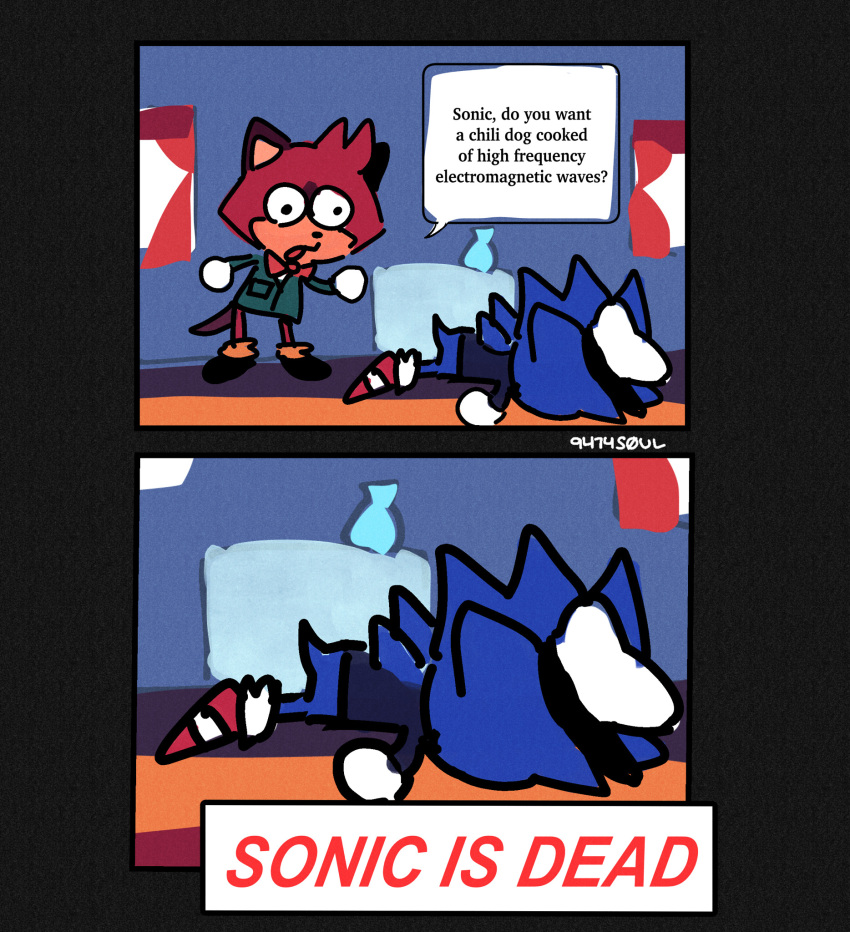 2koma 9474s0ul ambiguous_gender anthro artist_name barry_(sonic) black_clothing black_eyes black_footwear black_nose black_shoes black_text blue_body blue_fur blue_quills blue_tail bow_tie clothing comic corpse countershading death dialogue duo english_text eulipotyphlan facial_markings footwear fur gloves green_clothing hair handwear hat head_markings head_tuft headgear headwear hedgehog hi_res humor lying macropod male mammal markings marsupial on_front open_mouth quills quokka red_body red_bow_tie red_fur red_hair red_text sega signature small_tail sonic_the_hedgehog sonic_the_hedgehog_(series) speech_bubble tail tan_body tan_countershading tan_inner_ear tan_skin text the_murder_of_sonic_the_hedgehog tuft watermark white_clothing white_gloves white_handwear white_hat white_headwear