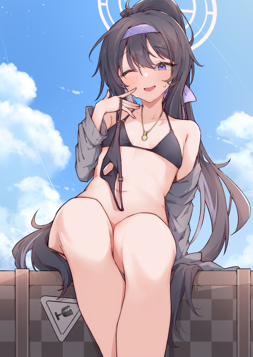 1girl absurdres airenif bikini bikini_top_only black_bikini black_hair blue_archive blush bottomless breasts cardigan crossed_legs grey_cardigan hair_between_eyes hairband halo high_ponytail highres holding holding_clothes holding_swimsuit jewelry long_hair looking_at_viewer navel necklace o-ring o-ring_bottom o-ring_top official_alternate_costume one_eye_closed open_cardigan open_clothes open_mouth ponytail purple_hairband sitting small_breasts smile solo string_bikini suitcase sweatdrop swimsuit ui_(blue_archive) ui_(swimsuit)_(blue_archive) unworn_bikini_bottom very_long_hair