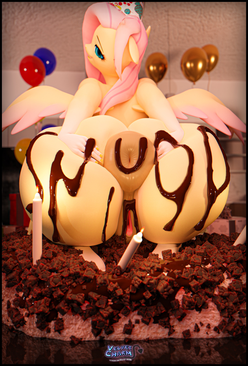 absurd_res anthro anus balloon big_anus birthday birthday_cake birthday_candle birthday_hat bubble_butt butt cake candy chocolate chocolate_icing curvy_figure dessert equid equine female fluttergoth fluttershy_(mlp) food friendship_is_magic gradient_body gradient_wings hasbro hi_res icing inflatable kitchen mammal my_little_pony oreo_cookie oreos pegasus puffy_anus sitting_on_cake solo spread_butt spread_wings spreading thick_thighs velvet_charm_(artist) voluptuous wings writing_on_butt