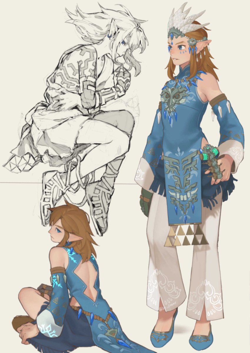 1boy back_cutout bare_shoulders belt blue_eyes blue_footwear blush brown_hair clothing_cutout detached_sleeves feather_hair_ornament feathers full_body hair_ornament highres ivy_(sena0119) link long_hair lying male_focus multiple_views official_alternate_costume on_side pants pointy_ears shoes sitting smile standing the_legend_of_zelda the_legend_of_zelda:_tears_of_the_kingdom white_pants