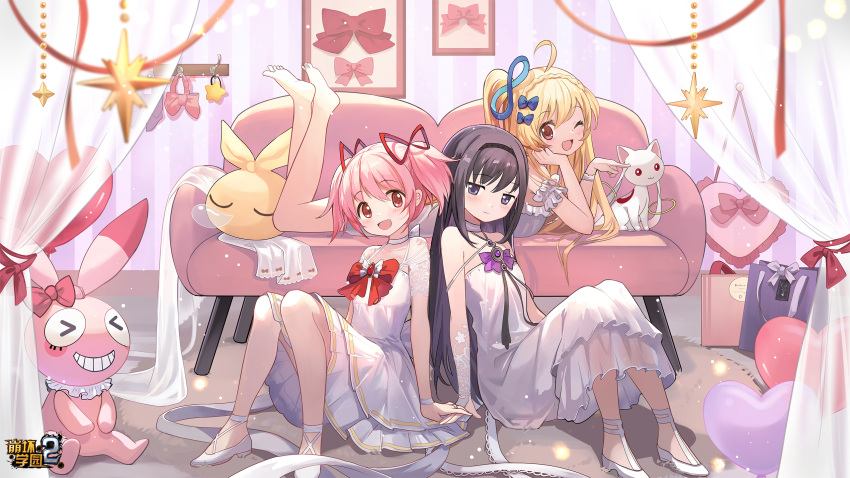 3girls :d ;d ahoge akemi_homura alternate_costume arm_cuffs artist_request balloon bare_shoulders barefoot benghuai_xueyuan black_hair black_hairband blonde_hair bow bowtie braid bridal_gauntlets brown_eyes chinese_commentary choker collarbone commentary_request couch crossover crown_braid curtains dress feet_up femirins_(benghuai_xueyuan) gift_bag hair_bow hair_ribbon hairband halter_dress halterneck hand_on_another's_hand hand_on_hand head_rest heart_balloon highres honkai_(series) indoors jewelry kaname_madoka knees_up kyubey logo long_hair looking_at_viewer lying mahou_shoujo_madoka_magica multiple_girls on_couch on_floor on_stomach one_eye_closed one_side_up open_mouth picture_(object) pink_eyes pink_hair purple_bow purple_bowtie purple_eyes red_bow red_bowtie ribbon ring rug shoes short_hair short_twintails side-by-side single_braid sitting smile straight_hair strapless strapless_dress striped_wall twintails veil wallpaper_(object) white_choker white_dress white_footwear wristband