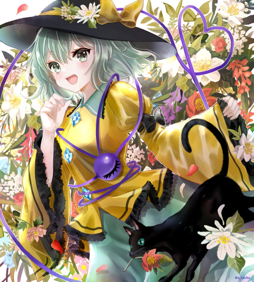 1girl :d arm_up black_cat breasts cat cowboy_shot flower flower_request green_eyes green_hair green_skirt hajike_akira hand_up happy hat hat_flower highres juliet_sleeves koishi_day komeiji_koishi long_sleeves medium_hair open_mouth puffy_sleeves purple_flower red_flower shirt skirt sleeves_past_wrists small_breasts smile solo touhou white_flower yellow_shirt