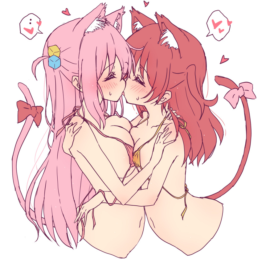 2girls animal_ears asymmetrical_docking bikini bikini_top_only blush bocchi_the_rock! bow breast_press breasts cat_ears cat_girl cat_tail closed_eyes commentary_request cube_hair_ornament french_kiss gotou_hitori green_eyes hair_ornament heart highres kemonomimi_mode kiss kita_ikuyo large_breasts long_hair looking_at_another mel_(melty_pot) multiple_girls navel open_mouth pink_bikini pink_bow pink_hair red_bow red_hair simple_background small_breasts smile spoken_heart swimsuit tail tail_bow tail_ornament white_background yellow_bikini yuri