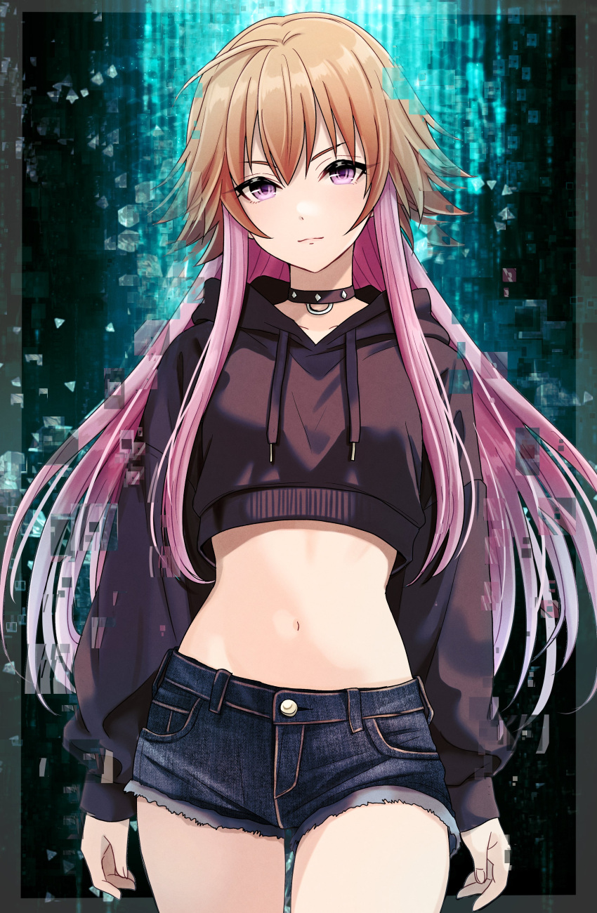 1girl absurdres black_choker black_hoodie choker closed_mouth collarbone commentary_request cowboy_shot crop_top crop_top_overhang cropped_hoodie denim denim_shorts hair_between_eyes head_tilt highres hood hoodie idolmaster idolmaster_cinderella_girls long_hair long_sleeves looking_at_viewer multicolored_hair navel ninomiya_asuka orange_hair pink_eyes pink_hair popon_ta puffy_sleeves shorts sidelocks solo studded_choker two-tone_hair