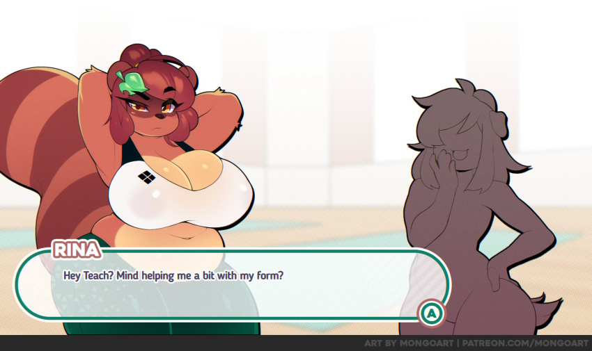 ambiguous_gender anthro big_breasts bottomwear bra breasts brown_eyes brown_hair canid canine chromapan cleavage clothed clothing collarbone dialogue dialogue_box duo female green_bottomwear green_clothing green_pants hair hands_behind_head hi_res leaf_on_head looking_at_viewer mammal navel overweight overweight_anthro overweight_female pants raccoon_dog raised_arms rina_(3mangos) short_hair sports_bra tanuki underwear yoga_pants