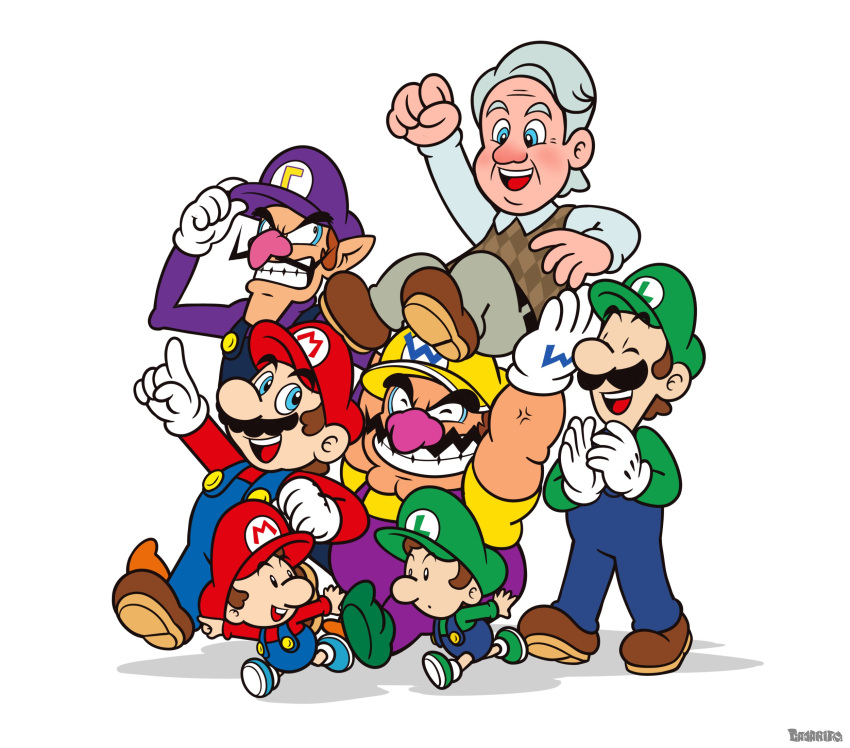 6+boys adjusting_clothes adjusting_headwear argyle baby_luigi baby_mario blue_eyes brown_hair buck_teeth carrying charles_martinet clapping dual_persona elcajarito english_commentary facial_hair grey_hair grin highres luigi male_focus mario mario_(series) multiple_boys muscular muscular_male mustache old old_man overalls parody pointing simple_background smile style_parody sweater_vest teeth voice_actor_connection walking waluigi wario white_background white_hair