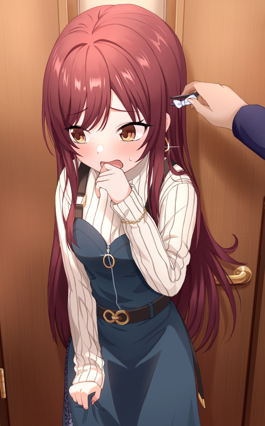 1boy 1girl absurdres blue_dress blush dress dress_grab earrings embarrassed hair_ornament hairclip hand_to_own_mouth highres idolmaster idolmaster_shiny_colors jewelry long_hair long_sleeves looking_away nail_polish official_alternate_costume open_mouth osaki_amana pov pov_hands red_hair shirt sleeves_past_wrists solo_focus striped striped_shirt sweat swept_bangs user_wvks7835 vertical-striped_shirt vertical_stripes yellow_eyes