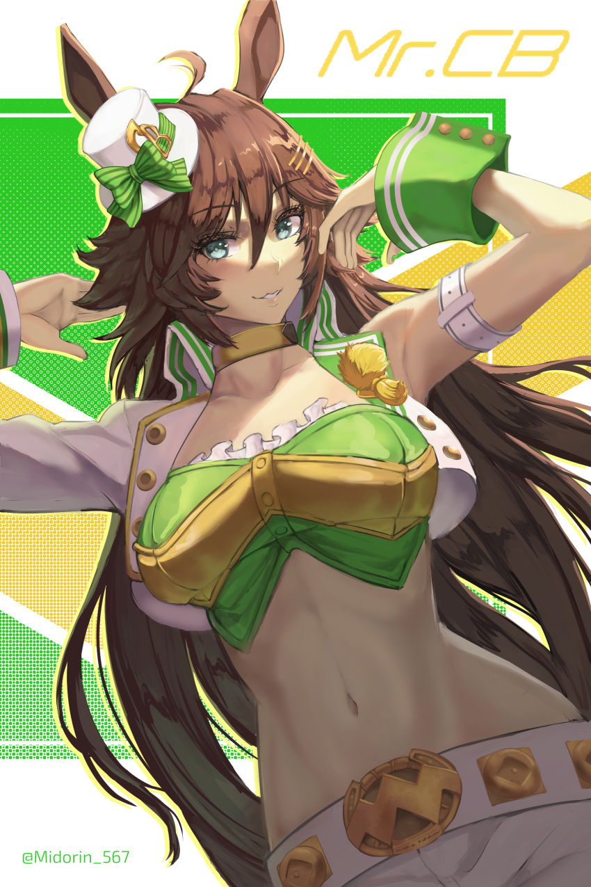 1girl absurdres ahoge animal_ears arm_strap bangs blue_eyes brown_hair character_name commentary cropped_jacket grin hair_between_eyes hair_ornament hairclip hat highres horse_ears jacket long_hair long_sleeves looking_at_viewer mido_567 mini_hat mini_top_hat mr._c.b._(umamusume) open_clothes open_jacket parted_lips single_bare_shoulder single_sleeve smile solo top_hat umamusume very_long_hair white_headwear white_jacket wrist_cuffs