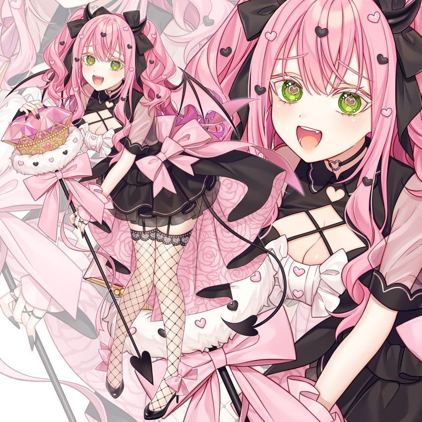 1girl :d black_bow black_dress black_footwear black_nails bow breasts character_request cleavage clothing_cutout collared_dress commentary_request dress fishnet_thighhighs fishnets green_eyes hair_between_eyes hair_bow heart heart-shaped_pupils heart_cutout high_heels highres holding holding_staff iriam karokuchitose long_hair medium_breasts nail_polish official_art pink_gemstone pink_hair pleated_dress see-through see-through_sleeves shoes short_sleeves smile solo staff standing symbol-shaped_pupils thighhighs very_long_hair virtual_youtuber wrist_cuffs zoom_layer