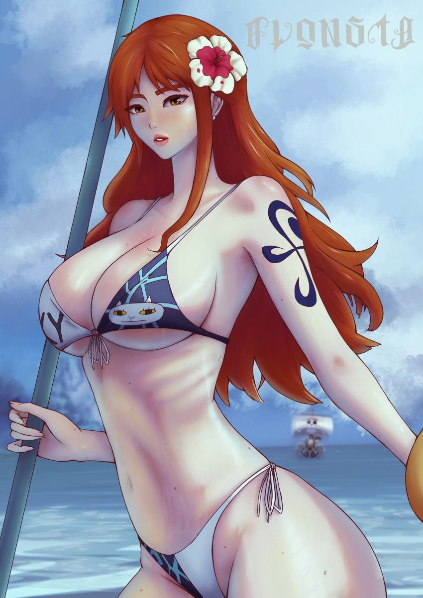 absurdres bikini blue_bikini breasts flower fwonsta hair_flower hair_ornament highres holding holding_staff large_breasts long_hair nami_(one_piece) non-web_source one-piece_swimsuit one_piece one_piece_film:_gold orange_hair staff string_bikini swimsuit thighs water white_bikini