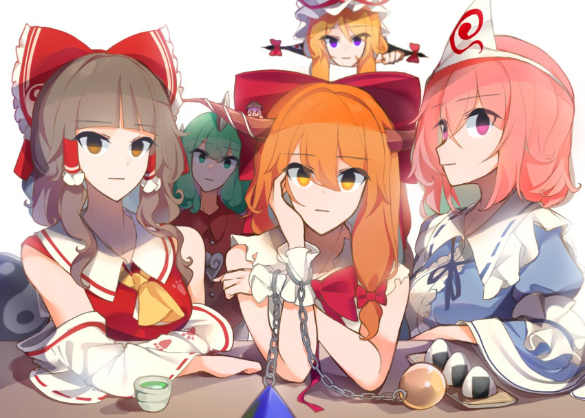 6+girls :| ascot black_hair blonde_hair blue_kimono bow bowl bowl_hat bowtie brown_eyes chain closed_mouth collared_shirt cup detached_sleeves expressionless food gap_(touhou) green_eyes green_hair green_tea hair_bow hakurei_reimu hat horns ibuki_suika japanese_clothes kaliningradg kimono komano_aunn long_hair long_sleeves looking_at_viewer medium_hair mob_cap multiple_girls onigiri orange_hair orb paw_print pink_eyes pink_hair purple_eyes purple_hair red_bow red_bowtie red_shirt saigyouji_yuyuko shirt simple_background single_horn sleeveless sleeveless_shirt sukuna_shinmyoumaru table tea torn_clothes torn_sleeves touhou triangular_headpiece white_background white_shirt yakumo_yukari yellow_ascot yellow_eyes yin_yang yin_yang_orb