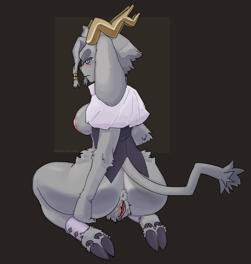 anthro antlers anus big_butt blush butt clothed clothing eyebrows female genitals hi_res hooves horn hymen jackalope kneeling lagomorph long_ears mammal moses_ramirez nipples partially_clothed pseudoregalia pubes pussy rear_view solo sybil_(pseudoregalia) tail thick_eyebrows