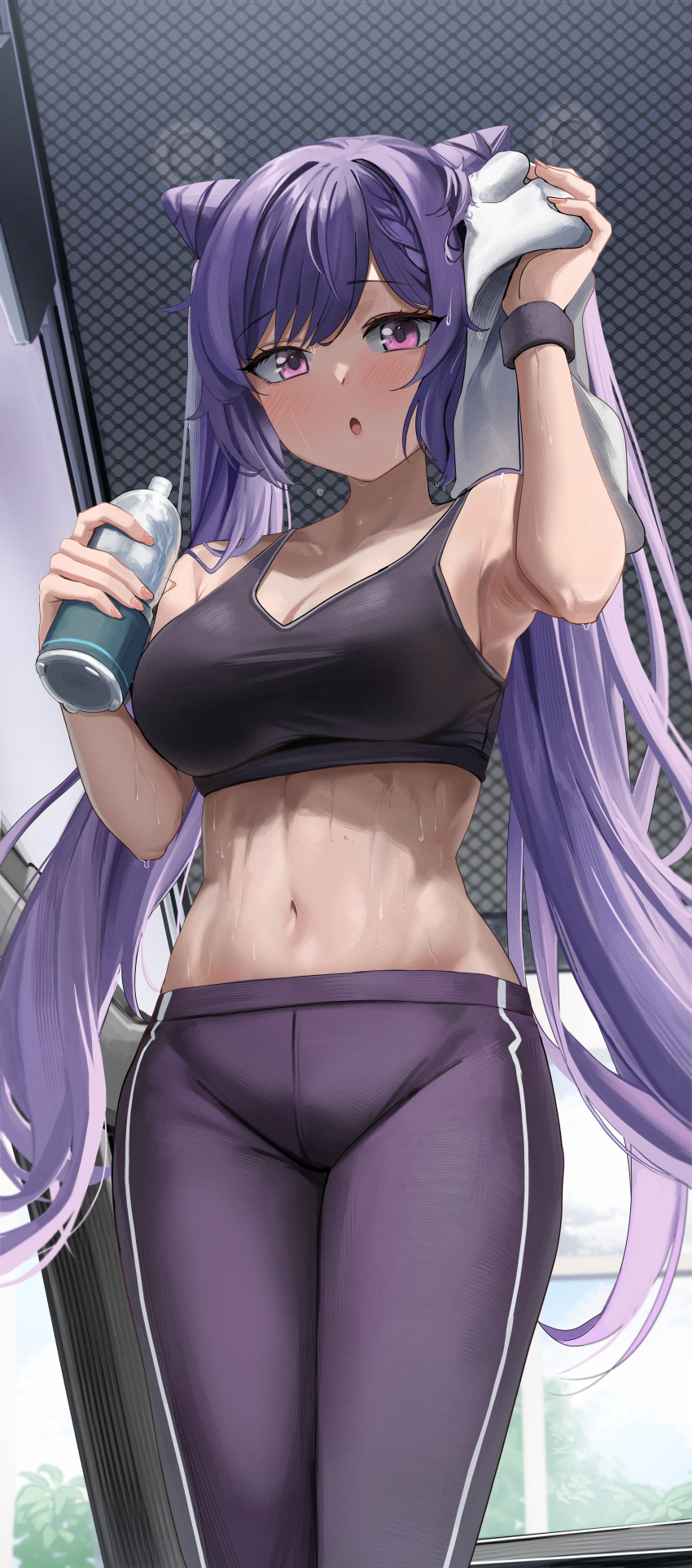 1girl absurdres bare_shoulders blush breasts cleavage collarbone cone_hair_bun dvdraw genshin_impact hair_bun highres keqing_(genshin_impact) long_hair looking_at_viewer purple_eyes purple_hair solo sweat swept_bangs twintails