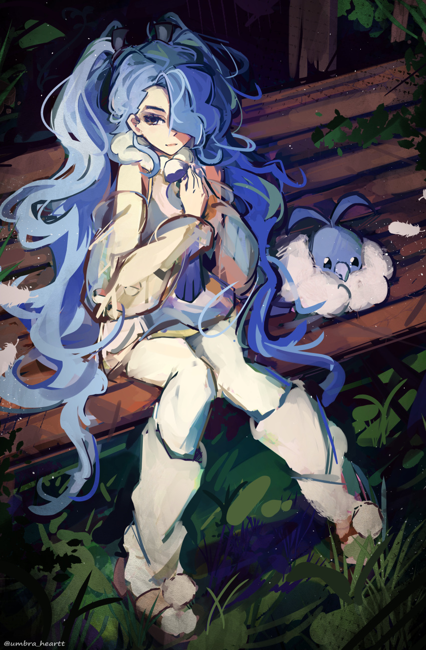 absurdres beak bench bird blue_feathers blue_hair closed_mouth feathers fluffy flying_miku_(project_voltage) forest hatsune_miku highres long_hair looking_to_the_side nature outdoors park_bench plant pokemon pokemon_(creature) project_voltage sitting solid_circle_eyes solid_eyes swablu tree umbra_heartt very_long_hair vocaloid white_feathers