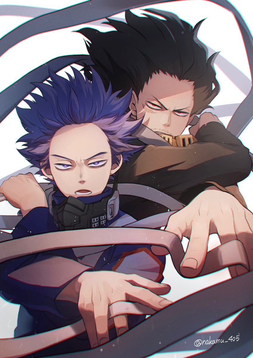 2boys bags_under_eyes black_hair black_shirt bloodshot_eyes blurry blurry_foreground boku_no_hero_academia bright_pupils chromatic_aberration clothes_grab commentary_request depth_of_field eraser_head_(boku_no_hero_academia) facial_hair film_grain fingernails floating_hair floating_scarf forehead foreshortening furrowed_brow goggles goggles_around_neck hair_slicked_back hands_up high_collar highres long_hair long_scarf long_sleeves looking_at_viewer lower_teeth_only male_focus mask mask_around_neck mouth_mask multiple_boys nakamu_405 open_mouth outstretched_arm outstretched_hand partial_commentary pixiv_username purple_eyes purple_hair sanpaku scar scar_on_face scarf scarf_grab shadow shinsou_hitoshi shirt short_hair simple_background stubble symmetrical_hand_pose teeth track_suit twitter_username u.a._gym_uniform upper_body v-shaped_eyebrows white_background white_pupils white_scarf