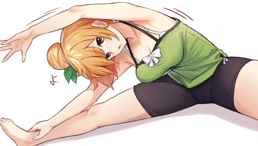 1girl armpits bike_shorts borushichi bra breasts camisole exercise green_camisole green_ribbon hair_bun hair_ribbon highres hinatsuki_mikan machikado_mazoku medium_breasts orange_eyes orange_hair ribbon short_hair simple_background single_hair_bun sitting solo stretching underwear white_background white_bra