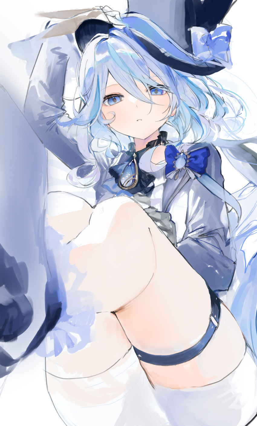 1girl absurdres aqua_hair arm_up ascot black_ascot black_headwear blue_eyes blue_gemstone blue_hair furina_(genshin_impact) gem genshin_impact gloves hair_between_eyes hand_on_headwear hat highres jacket light_blue_hair long_hair looking_at_viewer multicolored_hair parted_lips simple_background solo thigh_strap ume_(plumblossom) white_background