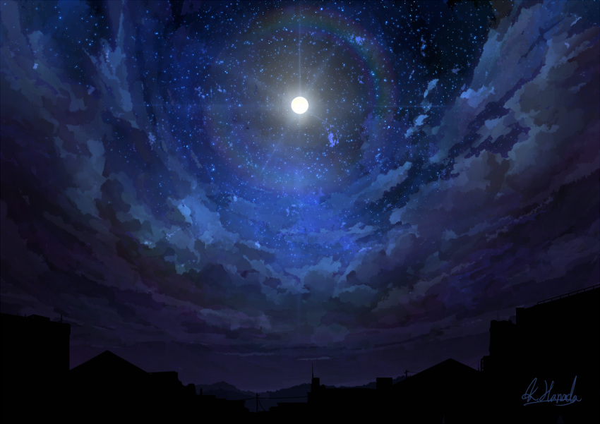 alu.m_(alpcmas) cloud full_moon moon night night_sky no_humans original outdoors scenery signature sky star_(sky) starry_sky urban