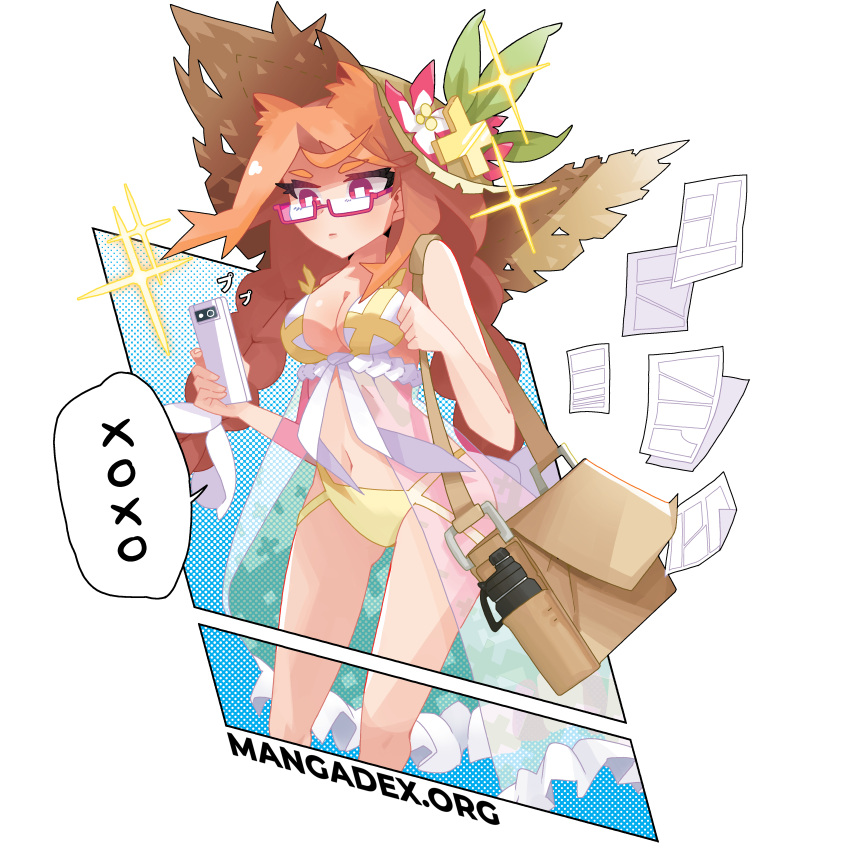 1girl absurdres ahoge animal_ear_fluff animal_ears ass_visible_through_thighs bag bare_arms bikini bottle braid breasts bright_pupils brown_bag brown_headwear cellphone cleavage commentary commission dex-chan_(mangadex) english_commentary extra_ears feet_out_of_frame flower flying_paper frills hand_up hat hat_flower hat_leaf highres holding holding_phone holding_strap looking_at_phone manga_(object) mangadex mascot medium_breasts multi-strapped_bikini_bottom navel nicosarea paper parted_lips phone pink-framed_eyewear pink_eyes pink_flower polka_dot see-through semi-rimless_eyewear short_eyebrows shoulder_bag showgirl_skirt smartphone solo sound_effects sparkle speech_bubble square_pupils standing stomach straw_hat swimsuit thick_eyebrows through_screen twin_braids twintails two-sided_fabric two-tone_bikini under-rim_eyewear water_bottle web_address white_background white_bikini xo yellow_bikini