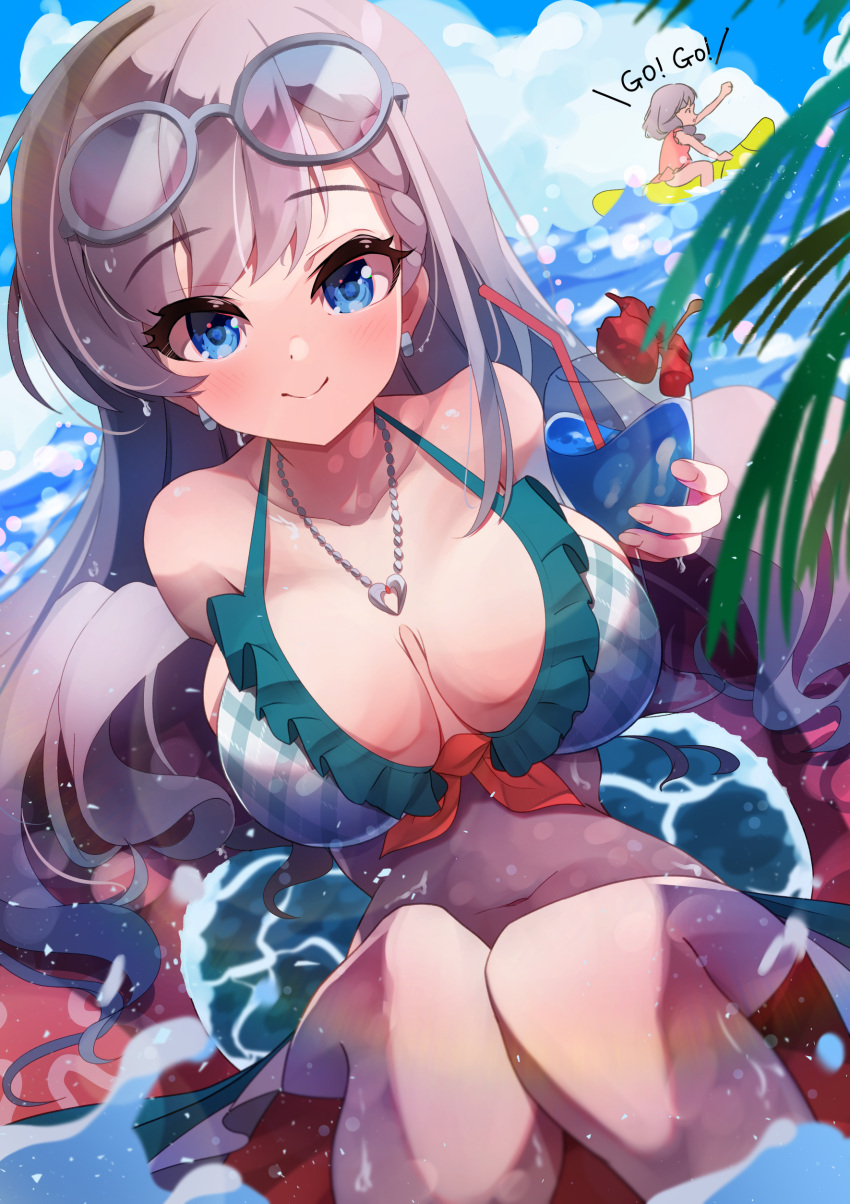 2girls absurdres asymmetrical_bangs banana_boat bikini blue_eyes blush braid braided_bangs braided_ponytail breasts breasts_apart collarbone cup earrings eyewear_on_head feet_out_of_frame green_bikini grey-framed_eyewear grey_hair highres hisakawa_hayate hisakawa_nagi holding holding_cup idolmaster idolmaster_cinderella_girls jewelry large_breasts long_hair looking_at_viewer multiple_girls navel on_innertube outdoors palm_leaf satoyama_meu siblings sisters sitting smile solo_focus swimsuit twins very_long_hair